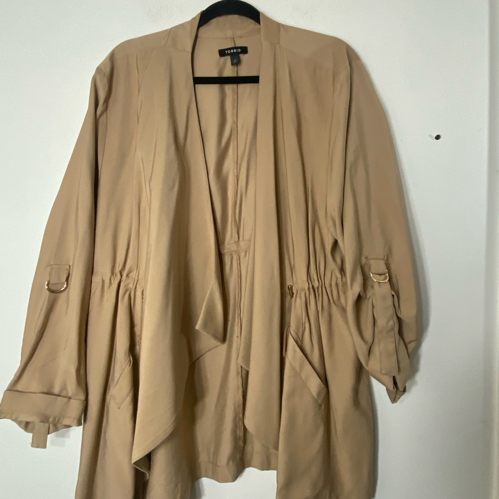 torrid Beige Draped Open Front Jacket with Gold Accents
